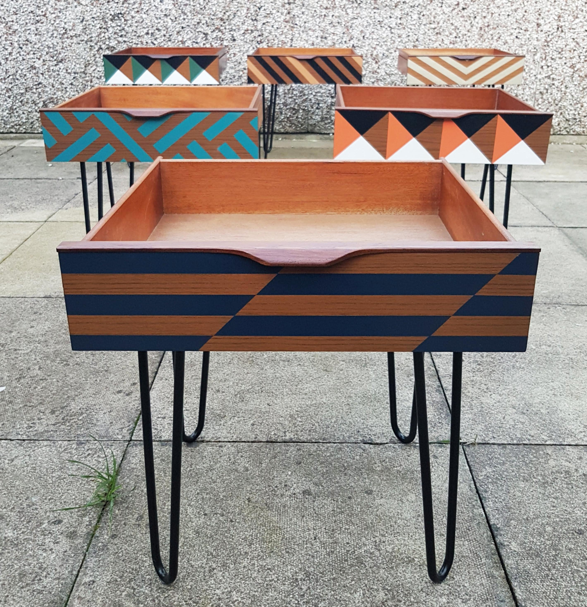 Vintage drawer side tables with hair pin legs