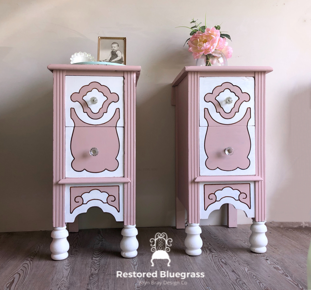 Tea Rose Nighstands Antique Glass Hardware