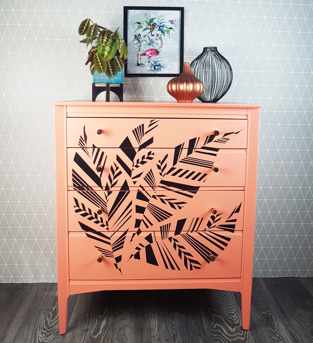 Coral and black geometric chest of drawers