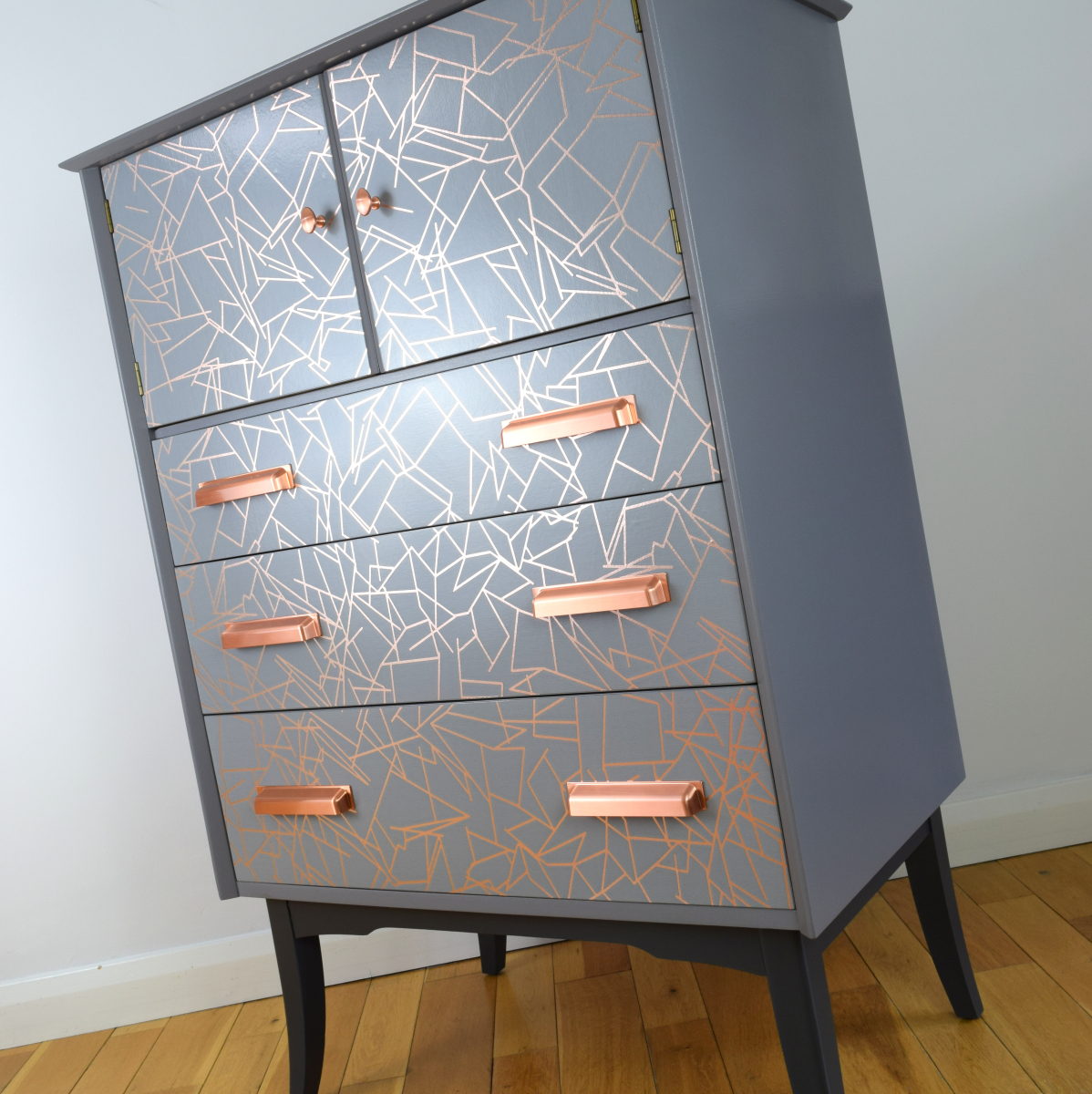 Mid century tallboy in grey with copper lines