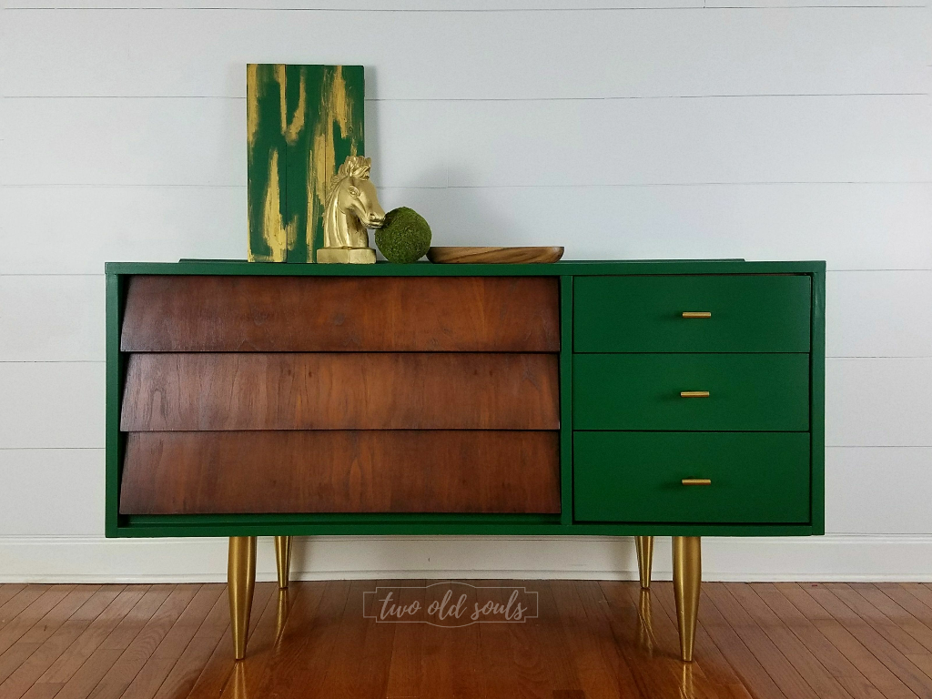 Custom Mixed Kelly Green Mid Century Modern Louvered Drawer Lowboy