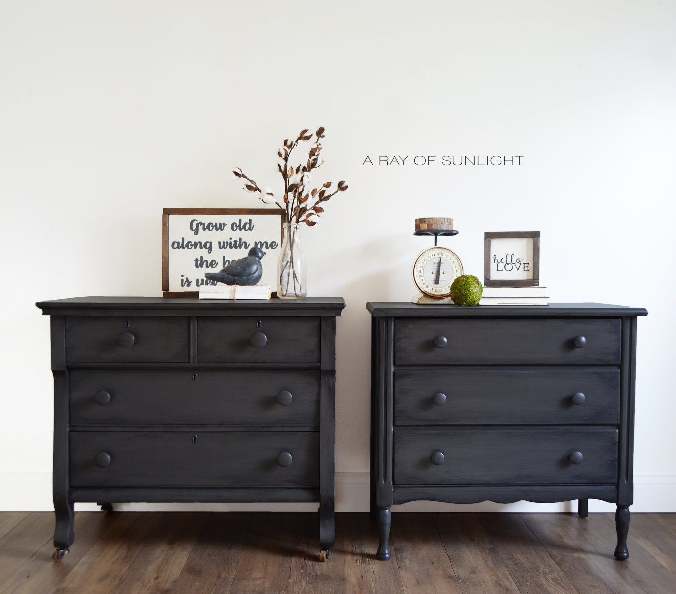His and Hers mismatched oversized nightstands in deep gray