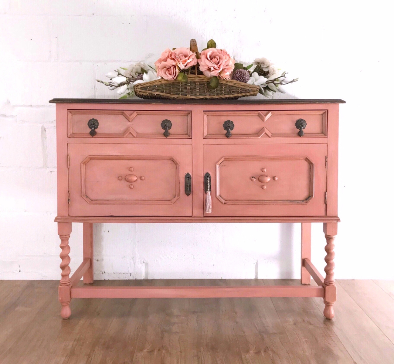 Pretty in Pink Antique Oak Sideboard