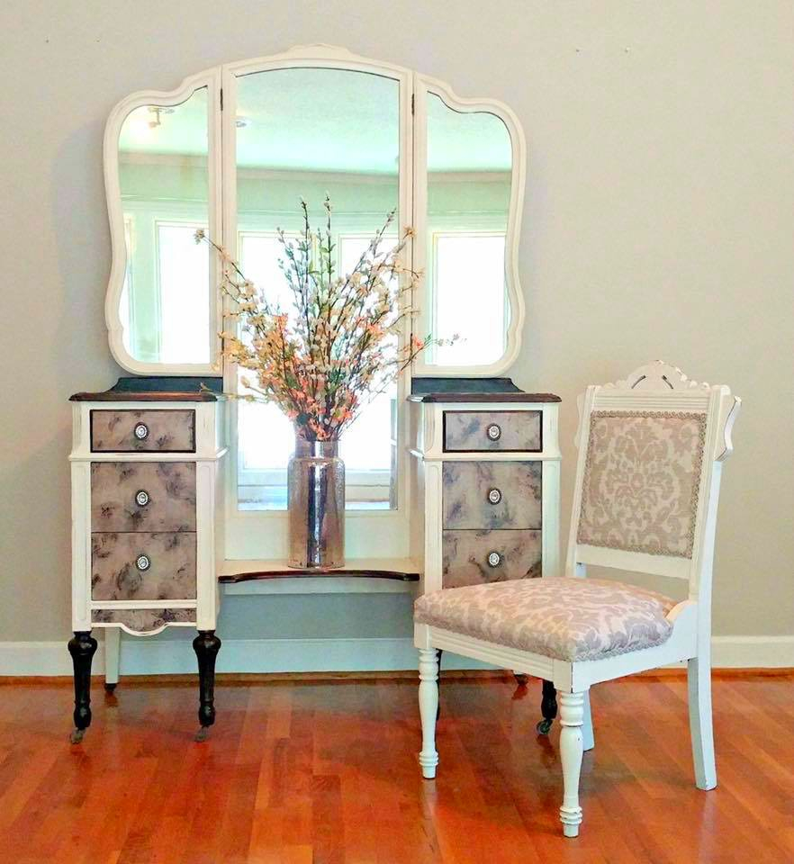 Staged Burl Wood Vanity and Chair