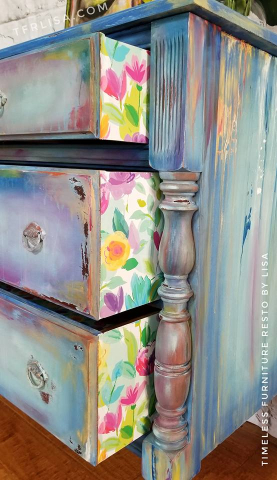 Pop of MORE color on drawer sides using heavy duty wrapping paper!