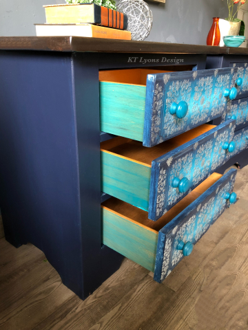 Teal washed exterior drawer sides