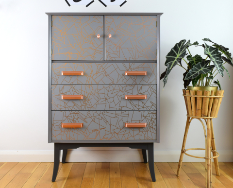 Mid century tallboy in grey with copper lines
