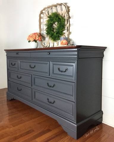Queenstown Gray Milk Paint pairs perfectly with Cherry Stained Top